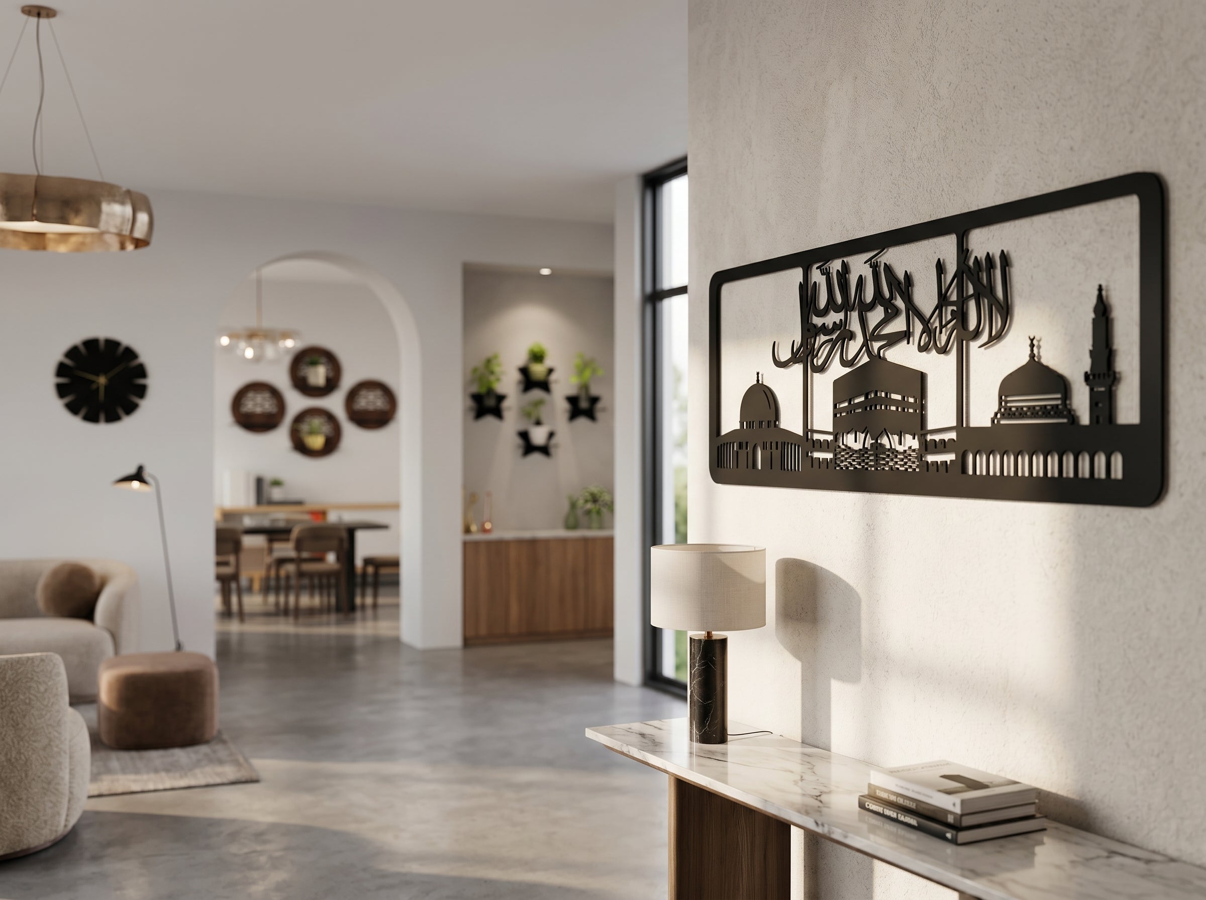 Modern living room with decorative wall art and furniture