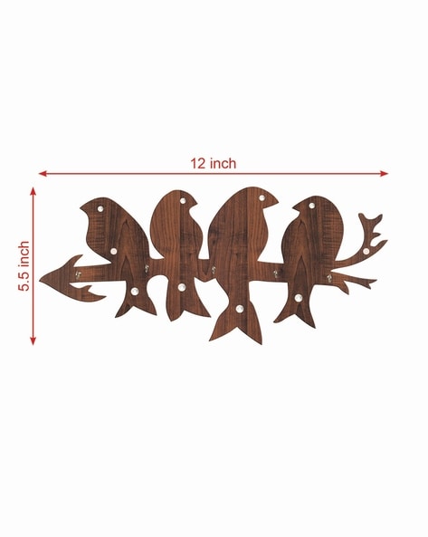 Wooden wall art with four birds on a branch, shown with dimensions on a white background.