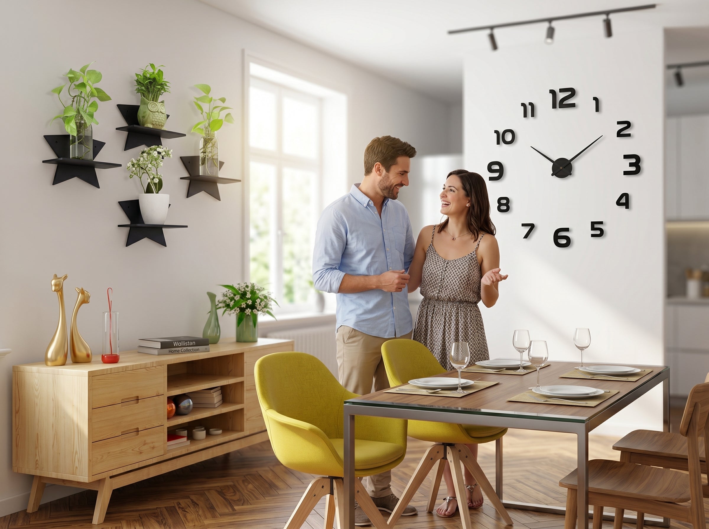 Couple in a modern dining room with decorative wall clock