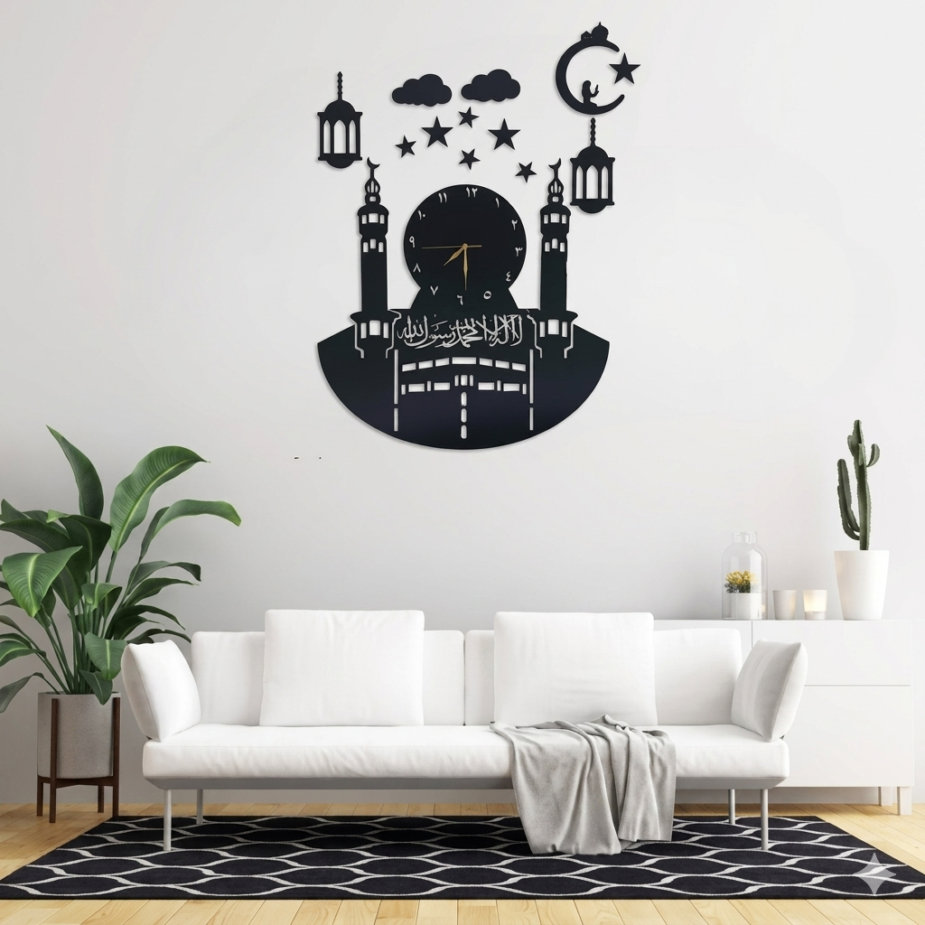 Decorative wall clock shaped like a mosque in a living room.
