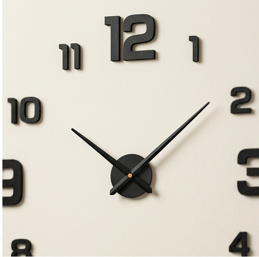 Black wall clock with large numbers on a beige background