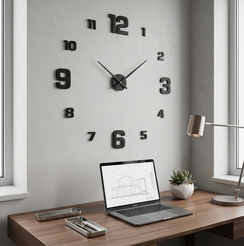 Modern office desk with laptop, clock on wall, and decorative items.