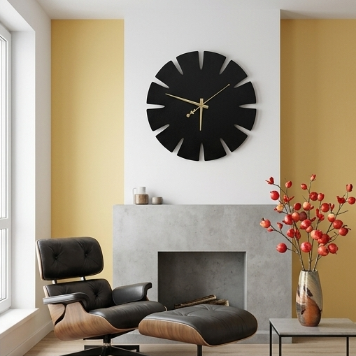 Modern living room with a black wall clock, black armchair, and red floral arrangement.
