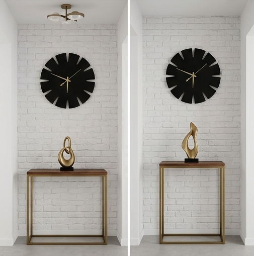 Black wall clock on a white brick wall with a wooden side table and decorative sculpture.