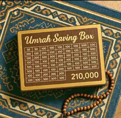 Umrah saving box with monetary values on a patterned mat